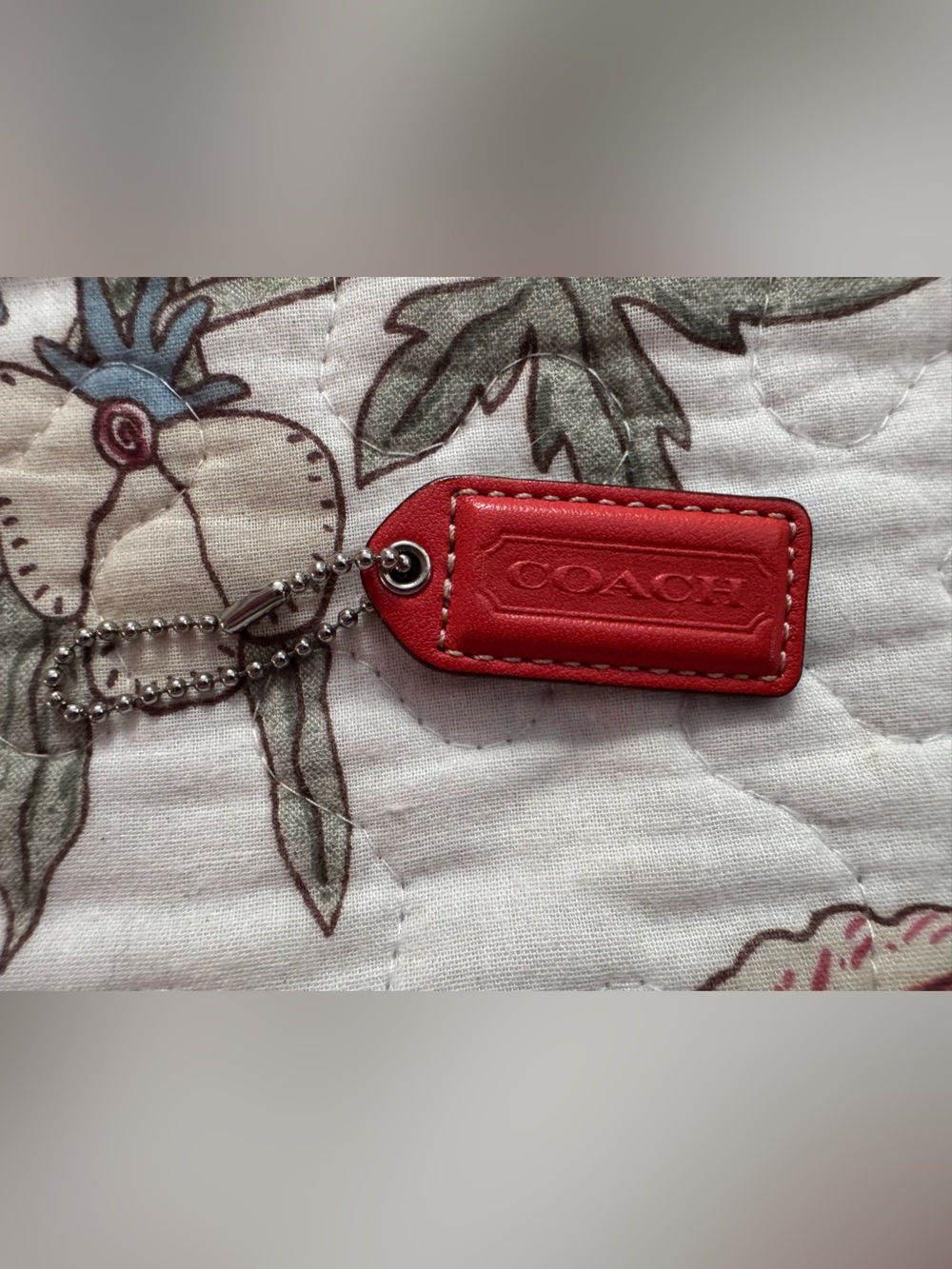 Small Coach Red/Brown Leather Tag Keychain with Silver Ball Chain